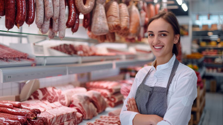 Portrait of confident saleswoman standing with arms crossed in meat shopの素材