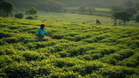 tea picker at the tea plantation at the town of Mae Salong north of the city Chiang Rai in North Thailand.の素材