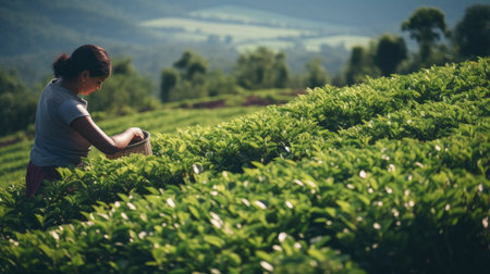 tea picker picking tea leaves at the tea plantation in the morningの素材