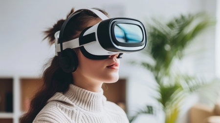 beautiful young woman using virtual reality headset in modern living room at homeの素材