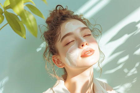 beautiful young girl with cosmetic facial mask on face and closed eyesの素材