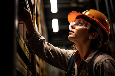 Portrait of young female worker in hardhat and goggles at factoryの素材