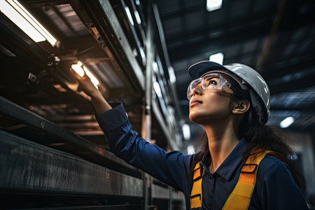 Portrait of young female factory worker in safety glasses and helmet looking awayの素材