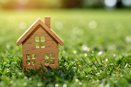Wooden house model on green grass background. Real estate concept.の素材