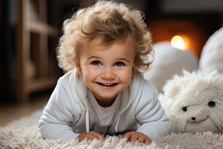 Portrait of a smiling little boy lying on the floor at homeの素材
