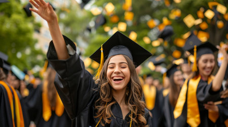 Happy students in mortar boards and gowns waving hands at graduation ceremonyの素材