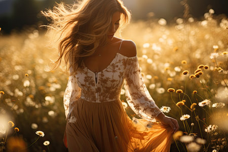 Beautiful young woman in camomile field at sunset. Summer fashion.の素材