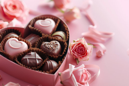 Heart-shaped chocolate candies in box and roses on pink backgroundの素材