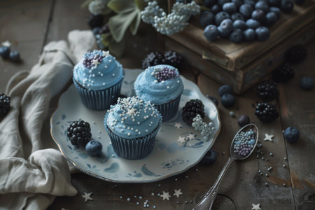 Blueberry cupcakes with fresh berries on rustic wooden background.の素材