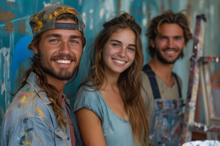 Portrait of smiling friends standing in front of graffiti wall at the streetの素材
