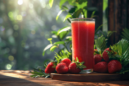 Strawberry juice in a glass on a wooden table in a gardenの素材