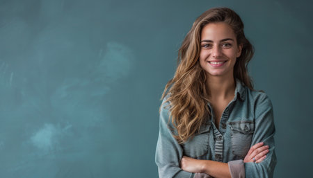 Portrait of a beautiful young woman standing with arms crossed against blue backgroundの素材