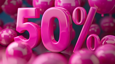 Discount 50 percent off. 3D illustration. Pink balloons.の素材