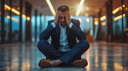 Stressed businessman sitting on the floor in the office building at nightの素材