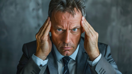 Portrait of stressed businessman with hands on head against gray background.の素材