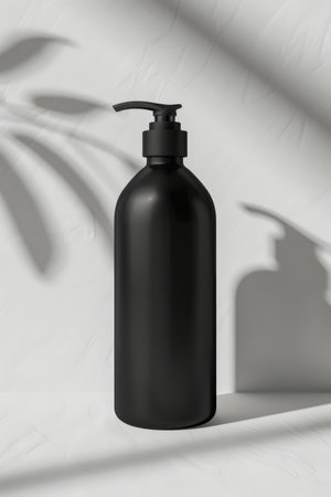 Mockup of black cosmetic bottle on white background with shadows.の素材
