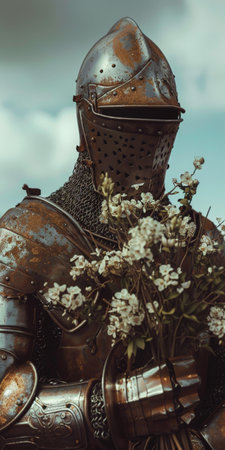 Medieval knightly armor with flowers. Retro style toned imageの素材