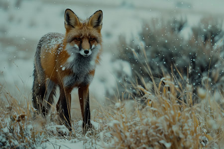 Red fox (Vulpes vulpes) standing in the snowy fieldの素材