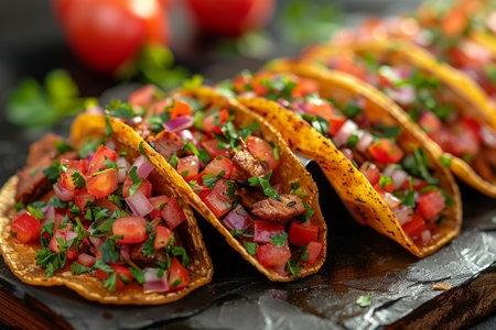 Mexican tacos with beef, tomato, onion and cilantro on dark backgroundの素材