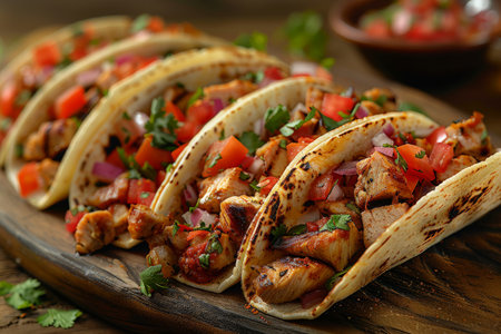 Mexican tacos with chicken, tomato, onion and cilantro.の素材