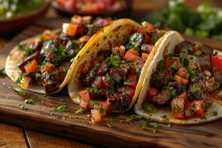 Mexican tacos with beef and vegetables on rustic wooden table.の素材
