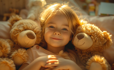 Cute little girl lying in bed with teddy bears and smilingの素材