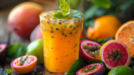 Passion fruit smoothie in a glass on a wooden table.の素材