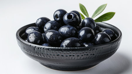 Black olives in a bowl with water drops on a white backgroundの素材