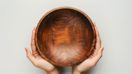 Top view of a wooden bowl in female hands on a gray backgroundの素材