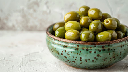 Green olives in bowl on white background. Selective focus.の素材
