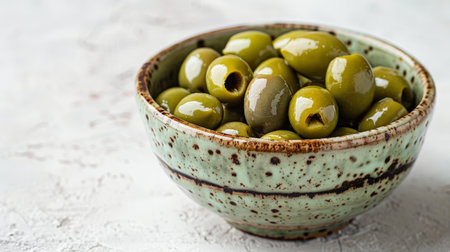 Green olives in bowl on white background. Selective focus.の素材