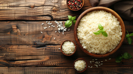 Bowl with cooked rice and spices on wooden table, top viewの素材