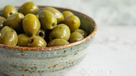 Green olives in a bowl on a light background. Selective focus.の素材
