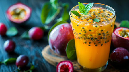 Passion fruit smoothie in glass and fresh fruits on wooden backgroundの素材