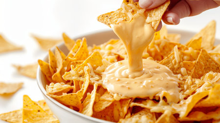 Nachos with cheese sauce on white background, close-upの素材