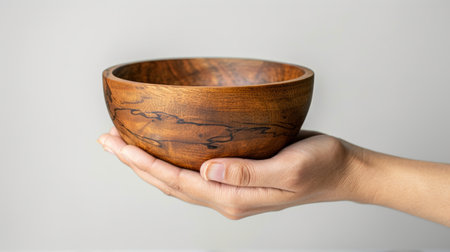 Wooden bowl in hand on white background with copy space for textの素材