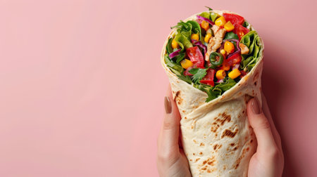 Female hand holding tortilla wrap with fresh vegetable salad on pink backgroundの素材