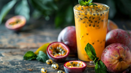 Passion fruit juice with mint and passion fruit on dark wooden backgroundの素材