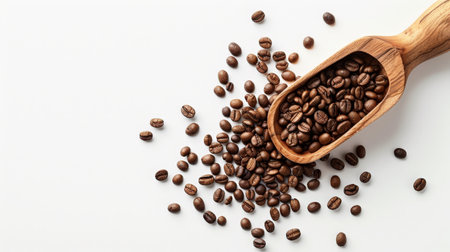 coffee beans in wooden scoop on white background, top view.の素材