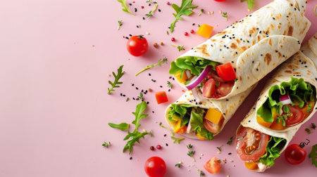 Tortilla wrap with salmon and vegetables on pink background, top viewの素材