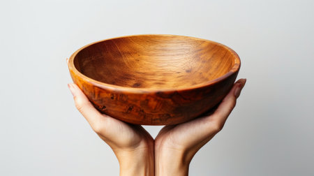Wooden bowl in female hands on a gray background close-upの素材