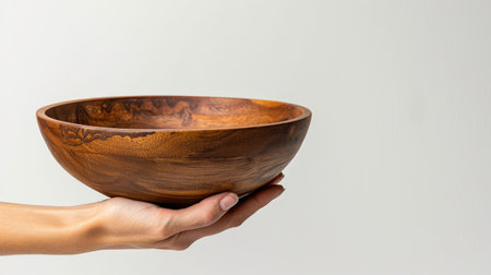 Hand holding a wooden bowl on white background with copy space for textの素材