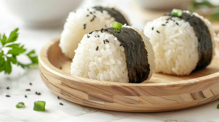 Japanese rice ball with black sesame on a white marble table.の素材