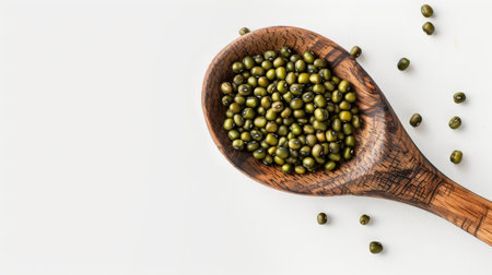 Mung beans in wooden spoon isolated on white background. Top view.の素材
