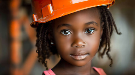 Portrait of a cute little African American girl wearing construction helmetの素材