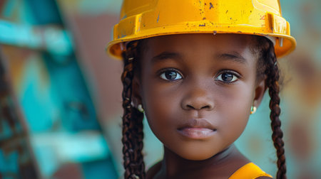 Portrait of a little African American girl in a construction helmetの素材