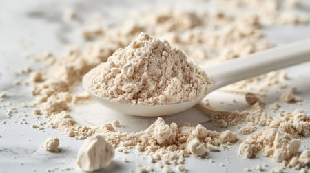 Spoon with whey protein powder on light background, closeupの素材
