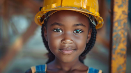 Portrait of a little African American girl in a construction siteの素材