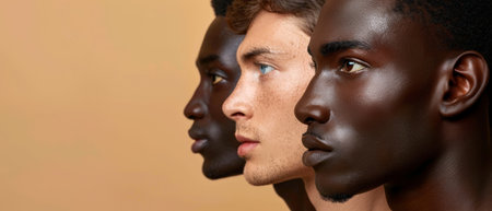 Close-up portrait of two mixed race men in profile. Men's beauty, fashion.の素材