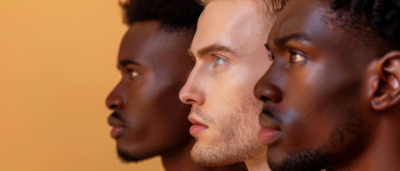 close-up view of multicultural men looking at each other isolated on yellowの素材